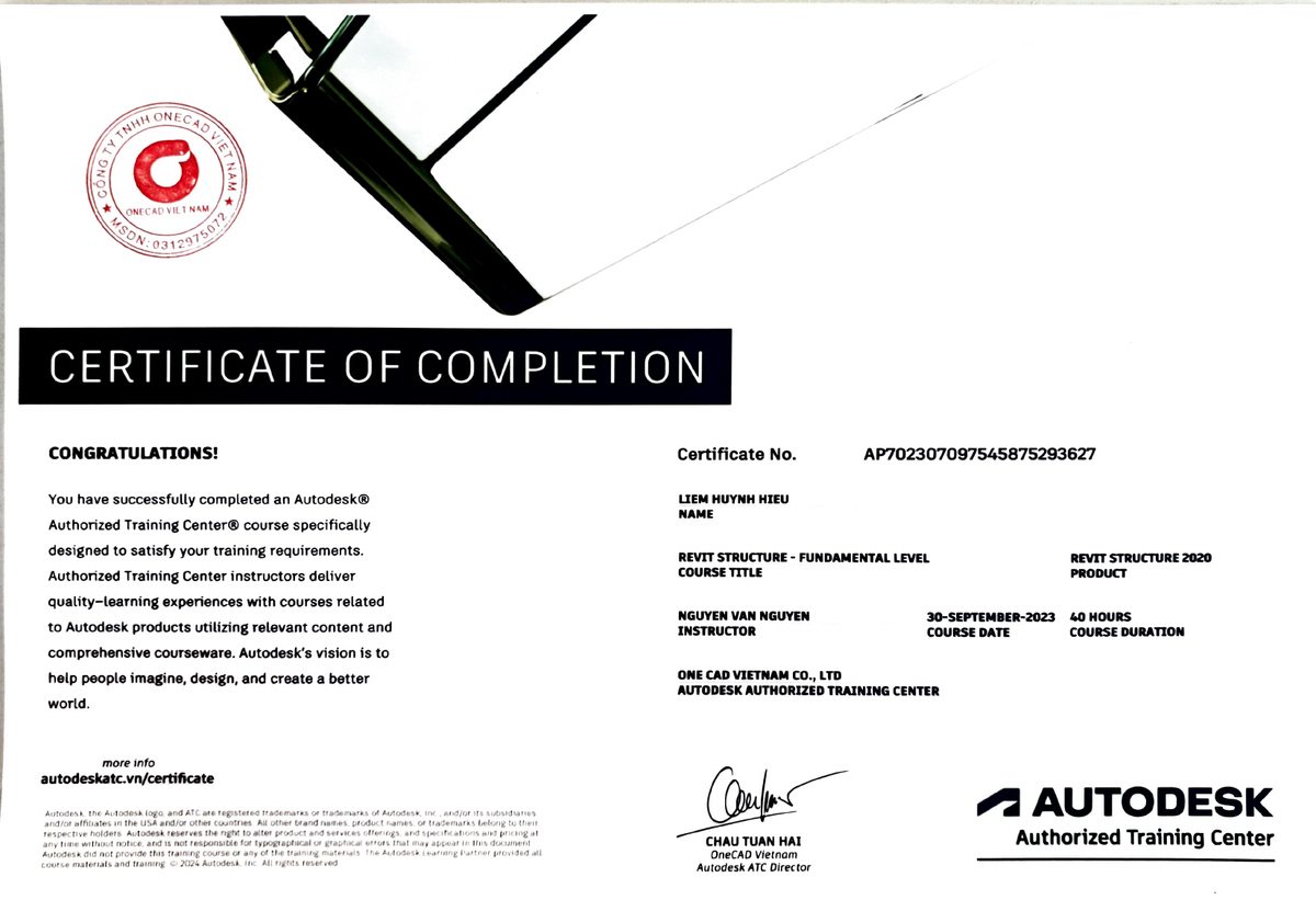Chứng nhận hoàn thành khóa Revit Structure Fundamental Level của Autodesk Authorized Training Center, 30/09/2023