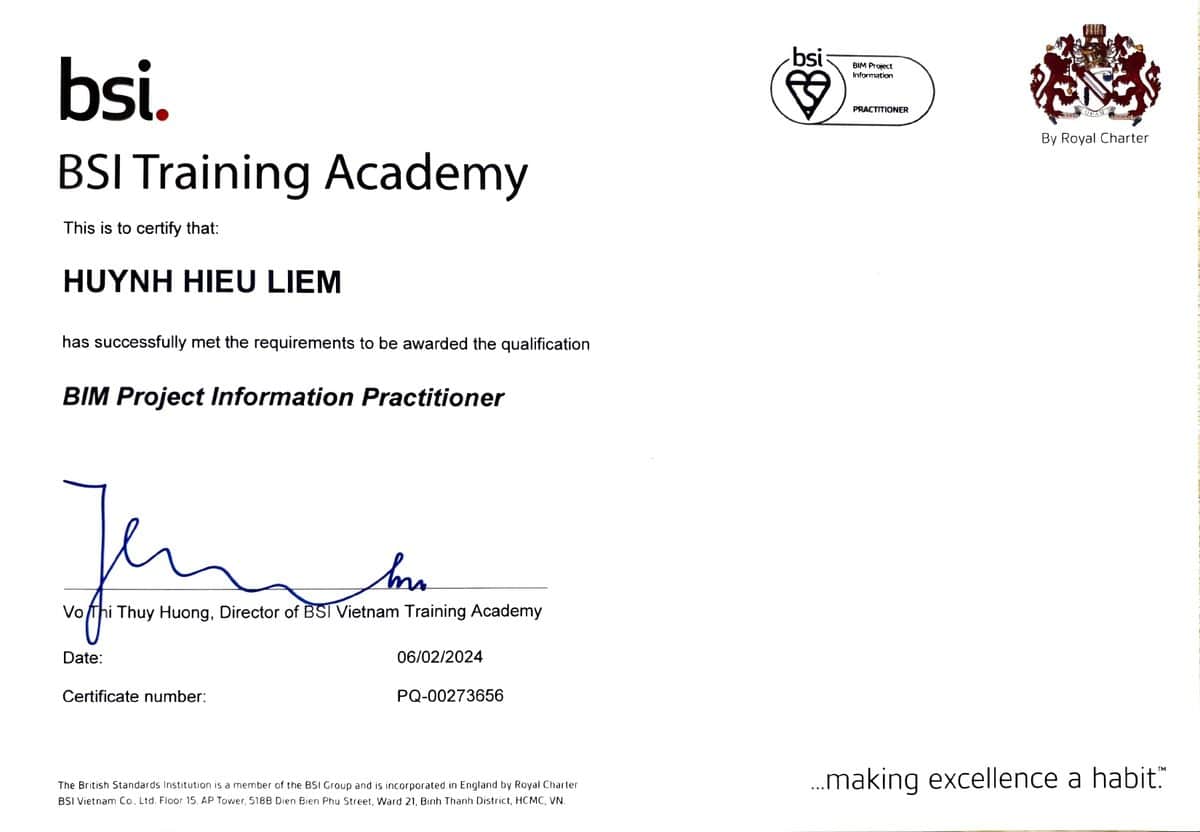 Chứng chỉ BSI BIM Project Information Practitioner cấp cho Huỳnh Hiếu Liêm, 06/02/2024