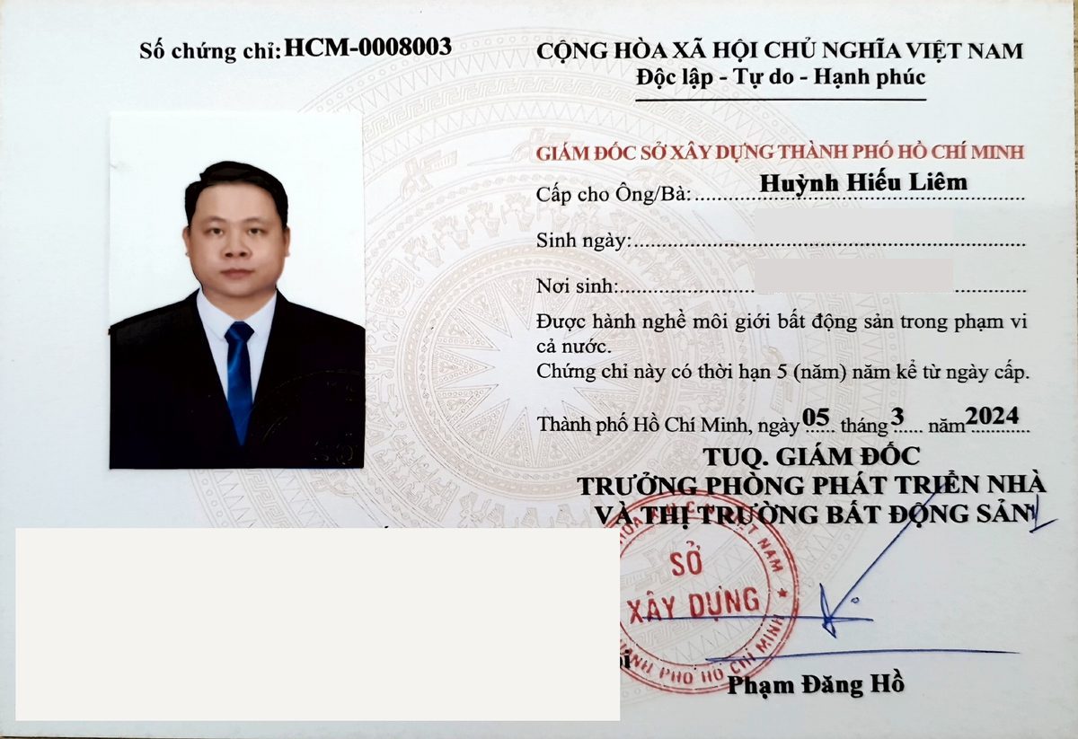 Chứng chỉ hành nghề môi giới bất động sản HCM-0008003 do Sở Xây dựng TP.HCM cấp, 05/03/2024